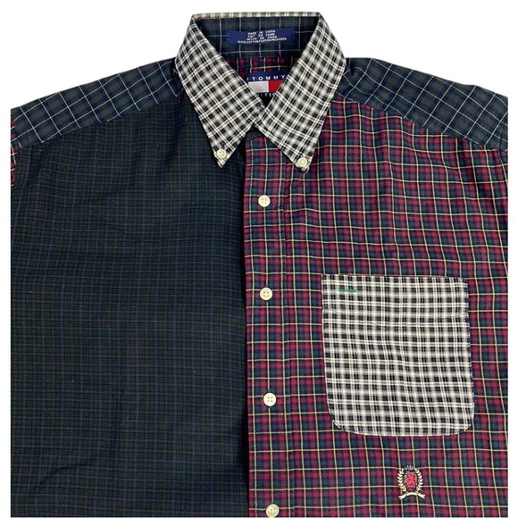 VTG Tommy Hilfiger Plaid Patchwork Color Block Tartan Small Long Sleeve Shirt - Picture 3 of 13